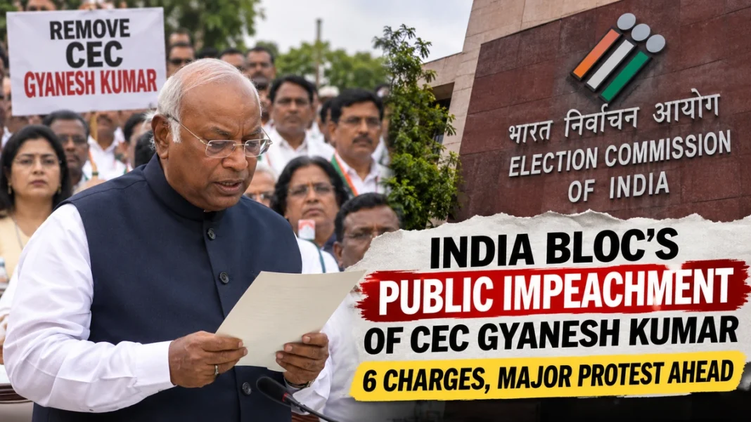 Mallikarjun Kharge reading a resolution during the INDIA bloc's public impeachment proceedings against CEC Gyanesh Kumar.
