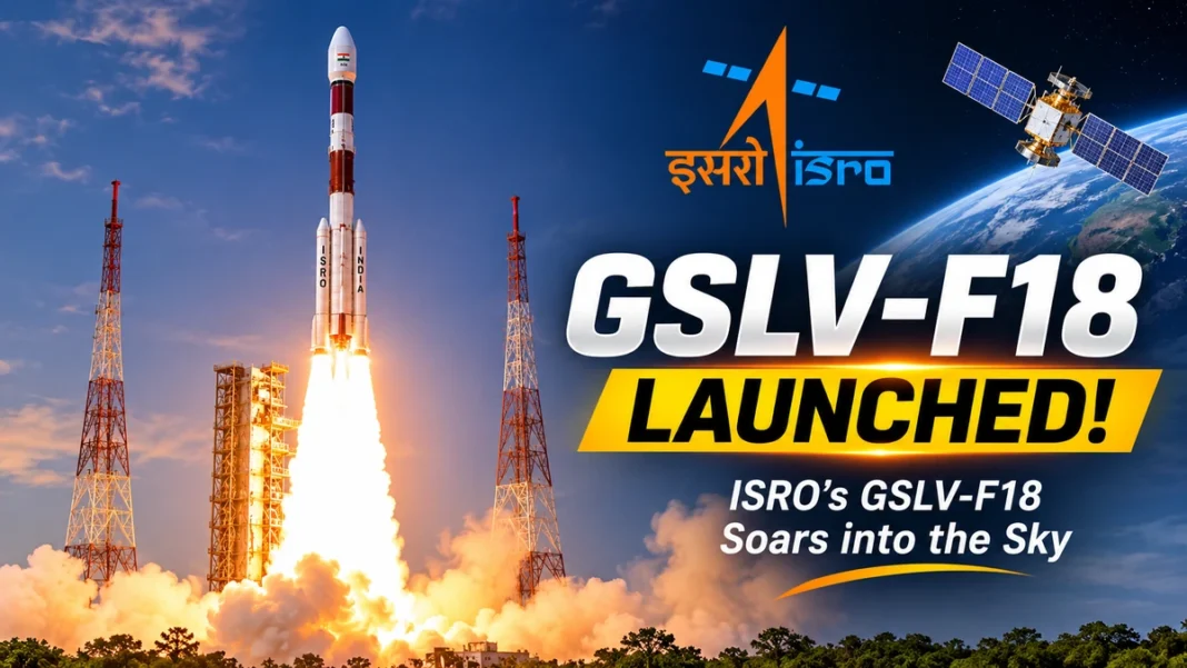 ISRO GSLV-F18 rocket launching from the launch pad with bright flames and smoke, featuring the ISRO logo, a satellite and Earth in the background.